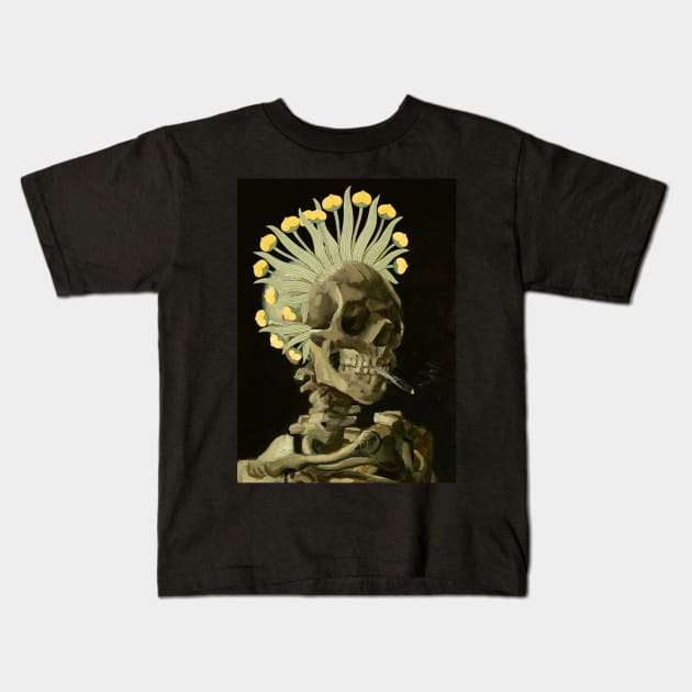 Smoking Skeleton with Floral Headdress Kids T-Shirt by Rag And Bone Vintage Designs